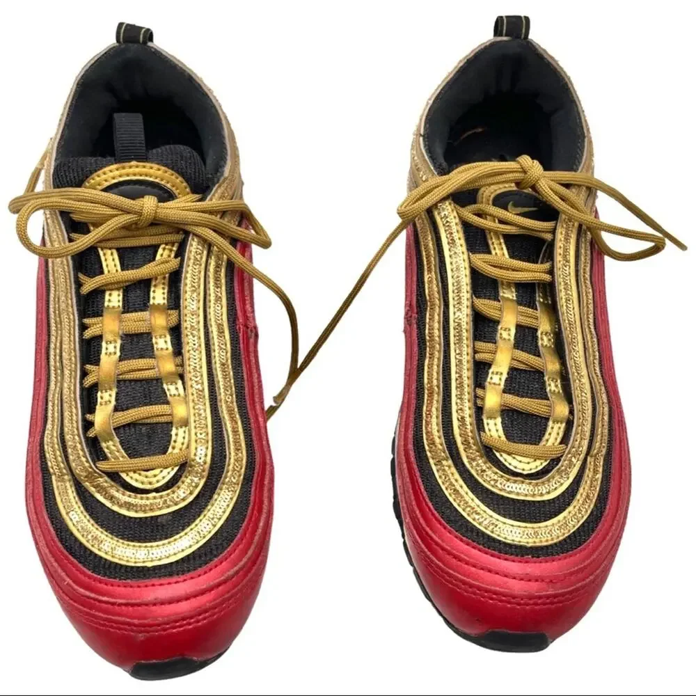 NIKE WOMENS AIR MAX 97 RED METALLIC GOLD SEQUIN SIZE 8.5  CT1148 600